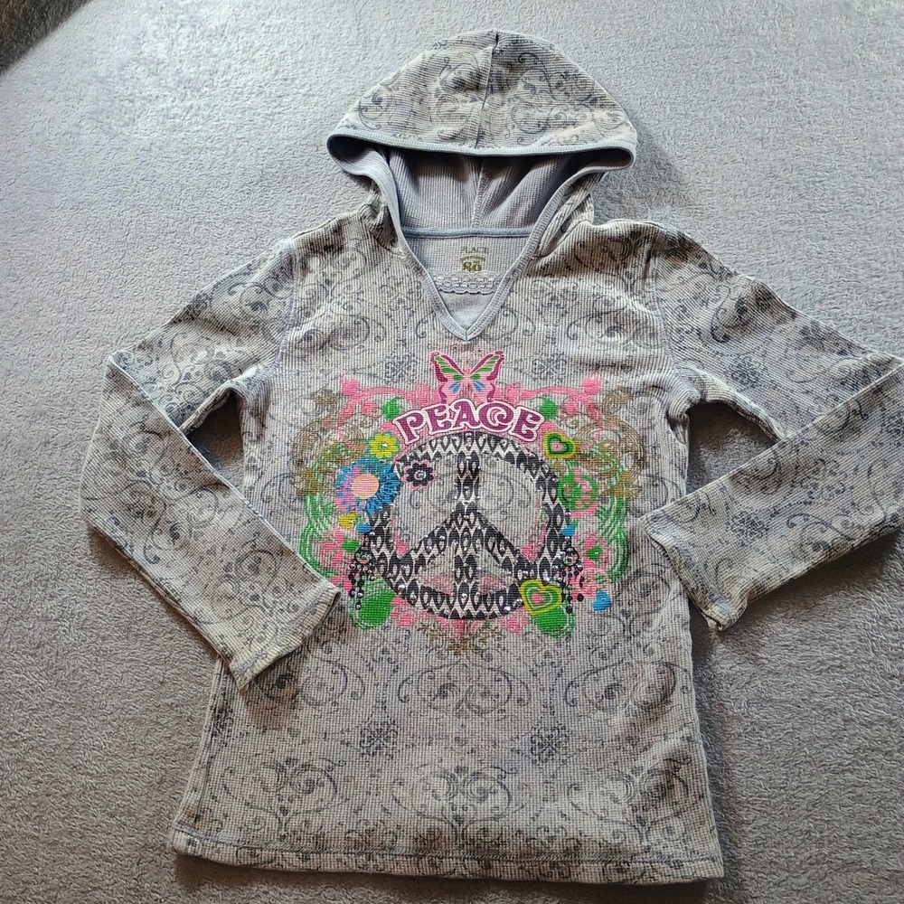 The Children's Place Girls Peace Sign Hoodie Gray M 7/8 Waffle Knit Thermal